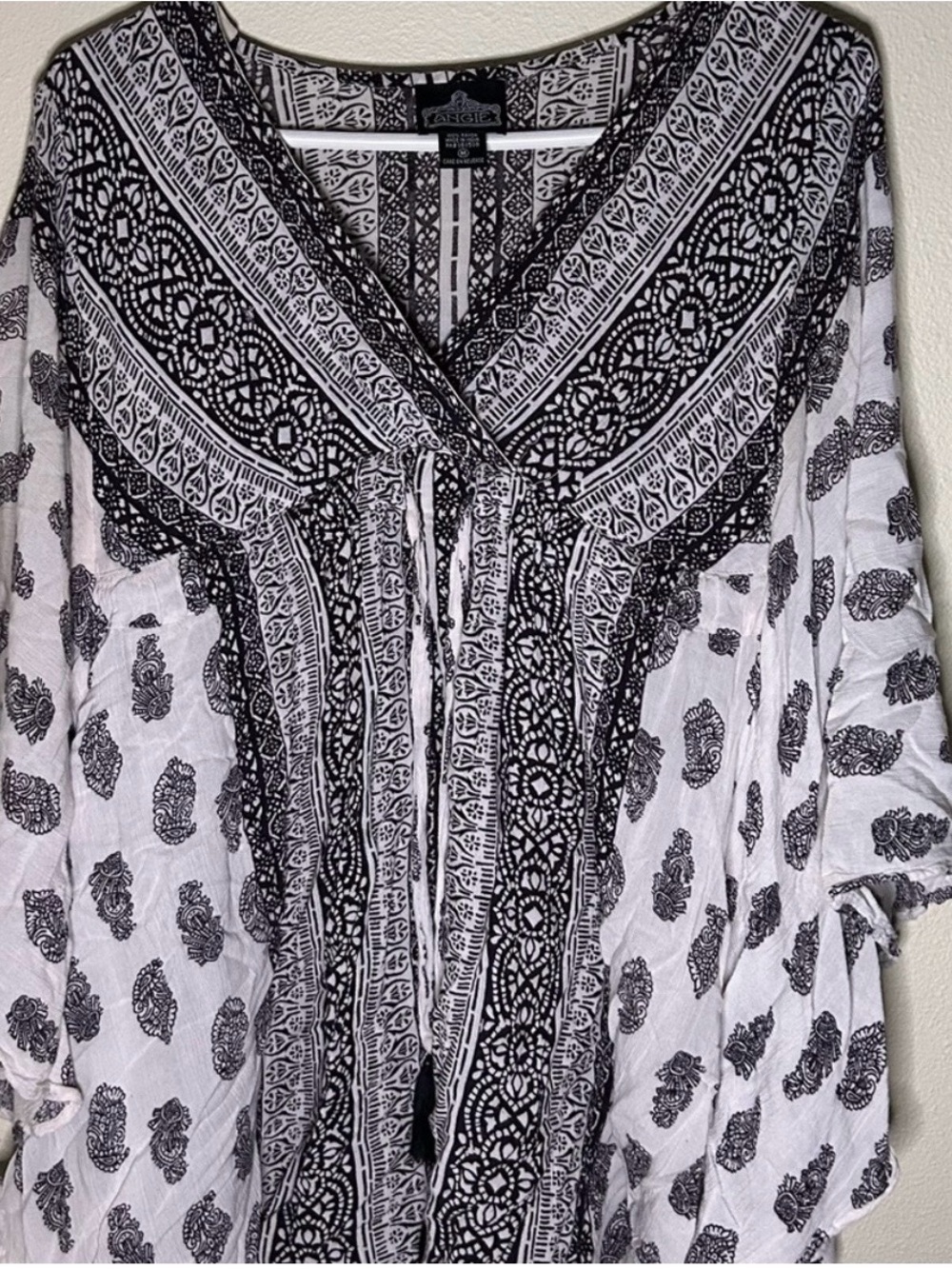 Angie Black & White Printed V-Neck Tunic with Tie